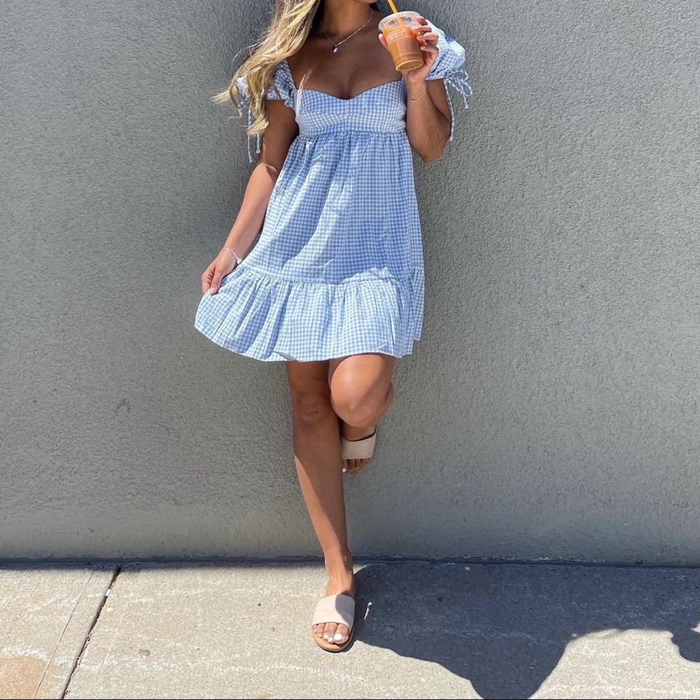 BNWT Blue Gingham Puff Sleeve Mini Dress - Small